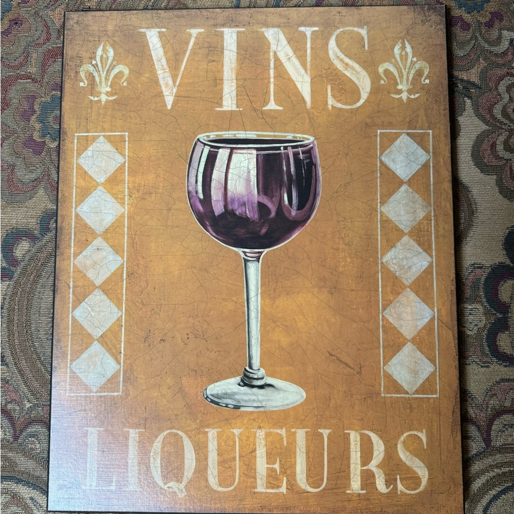 Vintage Wooden Decorative VINS LIQUEURS Wall Plaque. Made In Canada. 13.75”x 11”